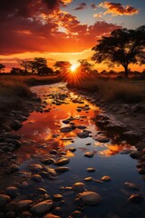 Breathtaking African sunset over a wildlife reserve, Generative AI