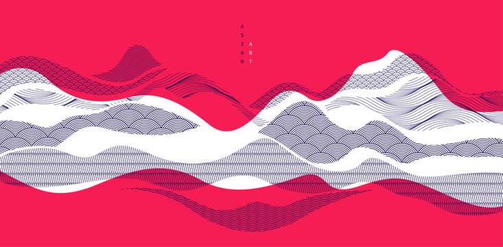 Abstract oriental Japanese art vector background in red color, traditional style design, wavy shapes and mountains terrain landscape, runny like sea lines.