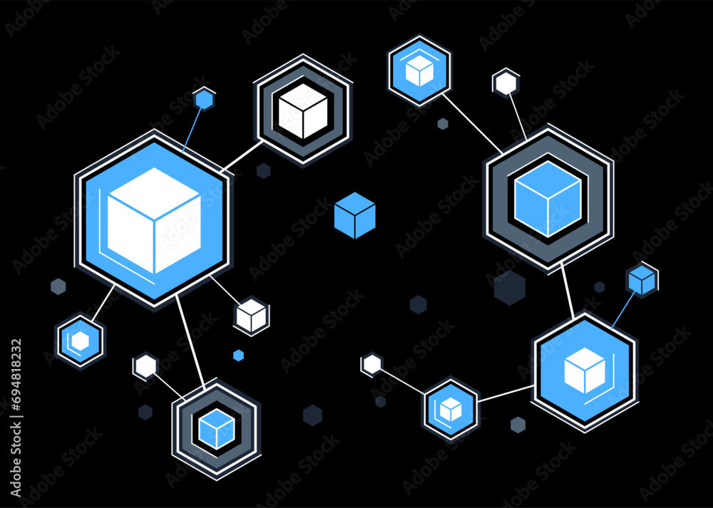 Poster abstract tech geometric vector background over dark, connected cubes technology network or science t