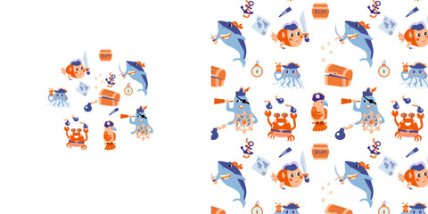 Fototapeta premium Pirate party vector print and seamless pattern. Vector illustration of cute ocean animals. Pirate party pattern for boy birthday party. Can used for textile, poster, wallpaper, menu background