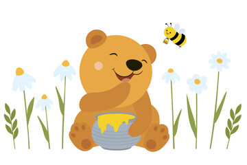 Obraz na płótnie Canvas Cute teddy bear with honey, bee and flowers