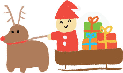 子どもがクレヨンで描いたようなサンタクロースが赤鼻のトナカイとソリでプレゼントを運んでいるイラスト