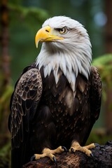 Obraz premium Majestic bald eagle perched on a treetop, Generative AI