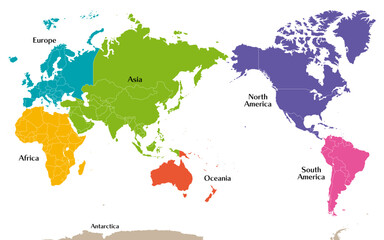 六州で色分けされた世界地図、ロシアをウラル山脈でアジアとヨーロッパに分割、パナマを北米と南米に分割、英語