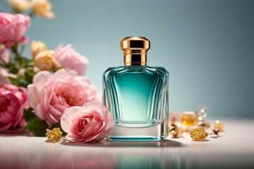 delicate Perfume bottle with pink roses aqua closeup, luxury brand ad promotion European
