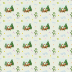 Cute seamless pattern with a teddy bear in the forest near a Christmas tree. Children's pattern with a playful bear with flowers and a butterfly.