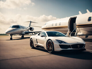 Fototapeta premium Supercar and private jet on the landing strip. Business-class service at the airport. Business class transfer. Airport shuttle.