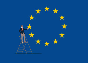 Young entrepreneur businessman manage prioritize European Union. Flat vector illustration - obrazy, fototapety, plakaty