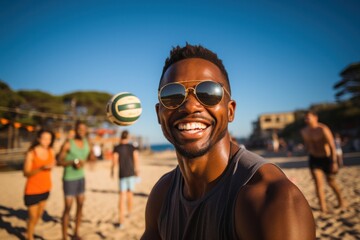 Solo portrait of a man joyfully playing beach volleyball, capturing the energetic vibe of summer...