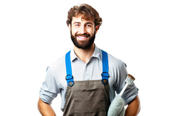 Fototapeta na wymiar Smiling male professional cleaner with tools in service uniform, white background isolate.