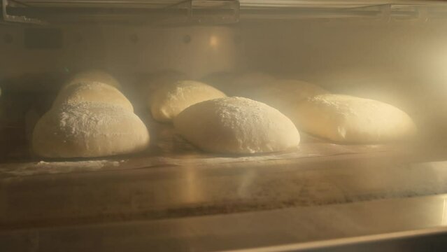 Close up no people shot of loaves of bread being baked in hot oven in bakery