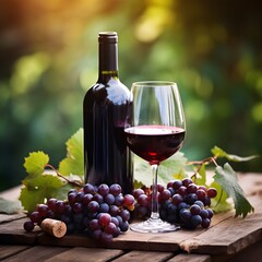 Wineglass with grape on wooden table - 694822810