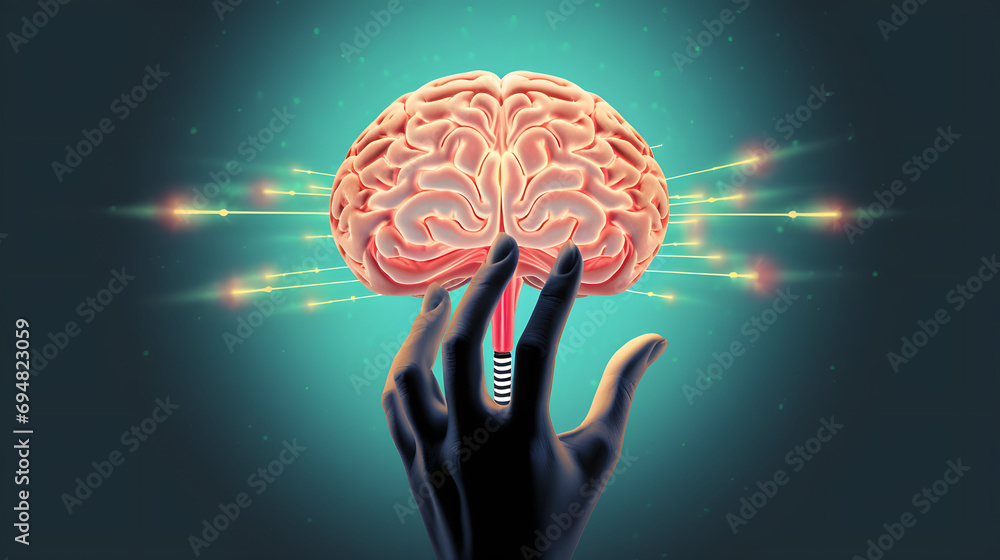 Wall mural illustration of concept art of a hand holding a brain with a light bulb inside representing the conc