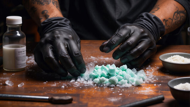 A drug dealer processes his crystal meth.