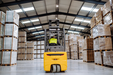 Female warehouse worker driving forklift. Warehouse worker pricking, preparing products for...