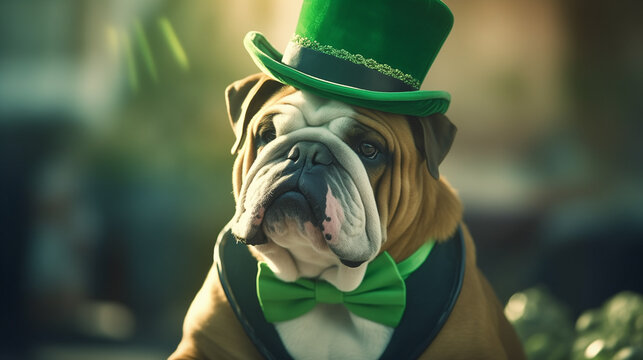 
English bulldog in a suit at St. Patrick's Day