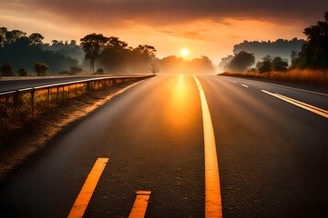 beautiful sun rising sky with asphalt highways road