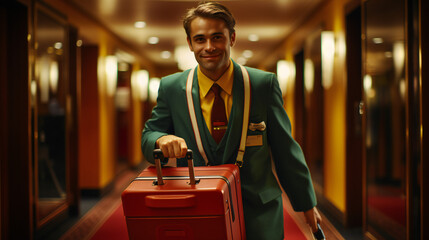 A Bellboy In Green Suit Is Carrying The Bags to Hotel Guests Room