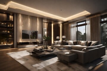 A luxurious modern living room with an impressive ceiling, featuring elegant LED lighting 