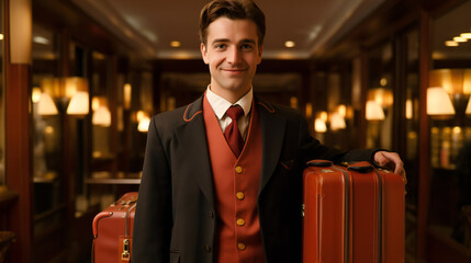 A Bellboy Stands Near The Bags Of Hotel Guests