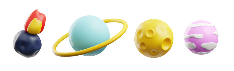 Set of various planets and flying comet with fire 3D style, vector illustration