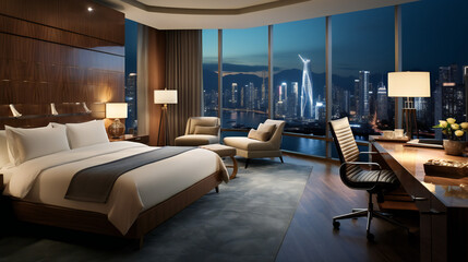 Hotel Room Interior With A View Of Dubai Skyscrapers