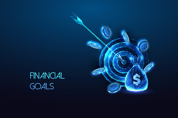 Financial goals, savings strategy, budgeting futuristic concept with money bag and target on blue