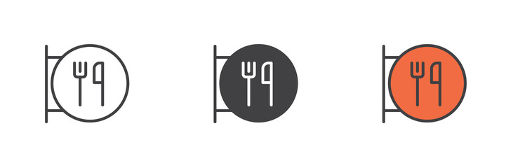 Restaurant sign with fork and knife different style icon set