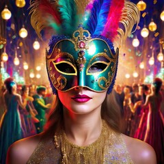 Kobieta w kolorowej karnawałowej masce na twarzy. W tle widać ludzi w maskach bawiących się na balu maskowym. Motyw zabawy karnawałowej, sylwestrowej - obrazy, fototapety, plakaty