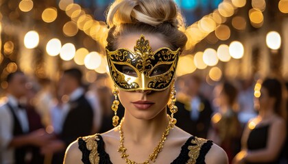 Kobieta w złoto-czarnej karnawałowej masce na twarzy. W tle widać ludzi bawiących się na balu maskowym. Motyw zabawy karnawałowej, sylwestrowej - obrazy, fototapety, plakaty