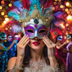 Kobieta w kolorowej karnawałowej masce na twarzy. W tle widać ludzi w maskach bawiących się na balu maskowym. Motyw zabawy karnawałowej, sylwestrowej - obrazy, fototapety, plakaty