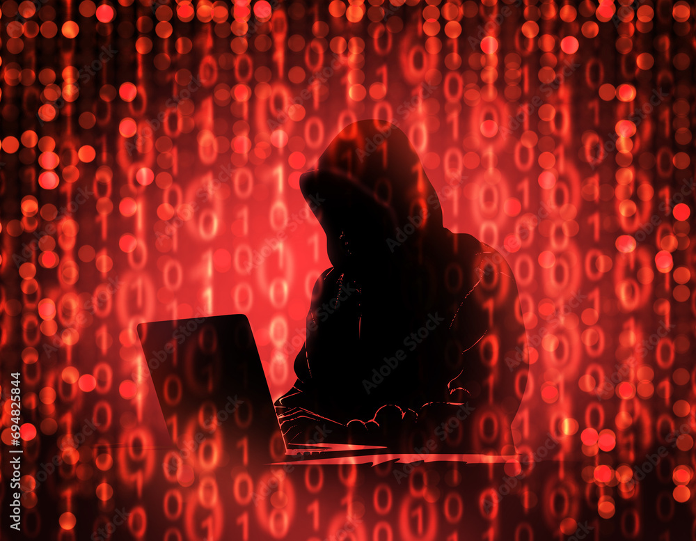 Aufkleber male hacker. silhouette of cyber criminal with laptop. background with binary code. computer scienti