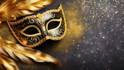 Fototapeten Gold and black carnival background with mask and feathers © Monika