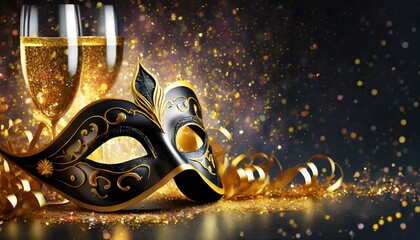 Złoto-czarne karnawałowe tło z maską i kieliszkami szampana