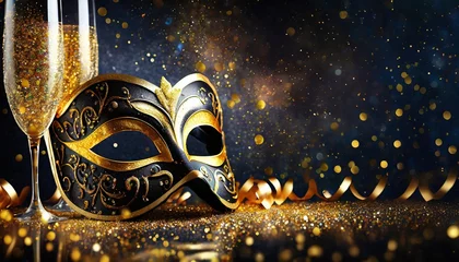 Gordijnen Gold and black carnival background with mask and champagne glasses © Monika