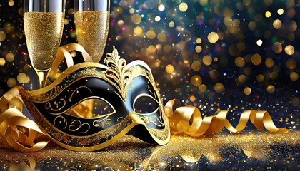Złoto-czarne karnawałowe tło z maską i kieliszkami szampana