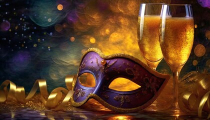 Colorful background with champagne and carnival mask