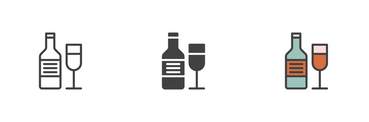 Wine bottle and glass different style icon set