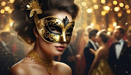 Kobieta w złoto-czarnej karnawałowej masce na twarzy. W tle widać ludzi bawiących się na balu maskowym. Motyw zabawy karnawałowej, sylwestrowej - obrazy, fototapety, plakaty