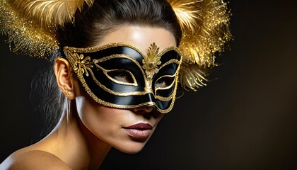 Kobieta w złoto-czarnej masce karnawałowej na na czarnym tle. Motyw balu maskowego, zabawy karnawałowej