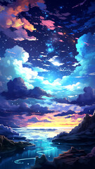 anime night sky with stars and clouds