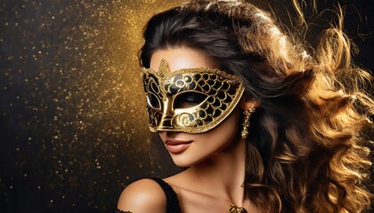 Obraz premium Kobieta w złoto-czarnej masce karnawałowej na czarno-złotym tle. Motyw balu maskowego, zabawy karnawałowej