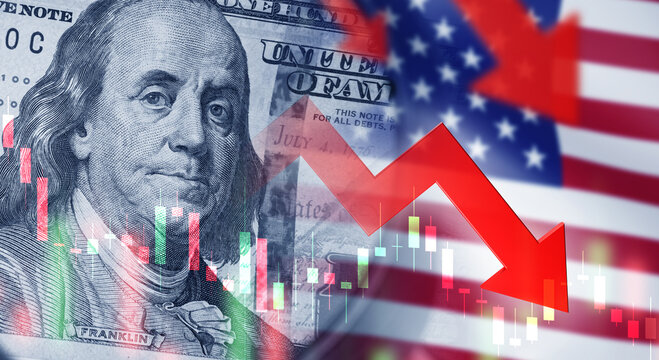 US financial system. American stock market crisis. Arrows down near US flag. Franklin with dollar bills. Monetary policy of united states. American financial market. US Investment crisis. 3d image