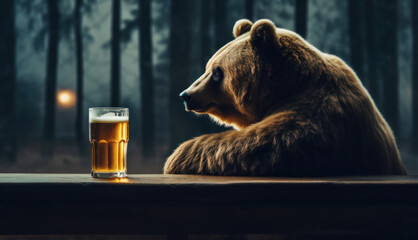 Portrait of a lonely brown bear sitting and drinking beer on a wooden table