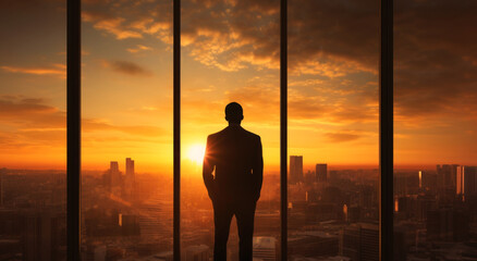 A businessman in a skyscraper office enjoys the views of the city lights at sunset
