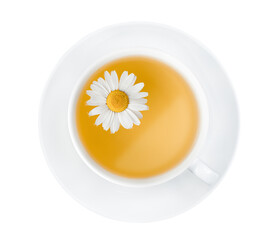 white saucer and mug with chamomile tea. on a white isolated background, top view
