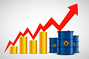 Barrels of crude oil and stacks of coins against the backdrop of a growing arrow on a financial chart. Stock vector illustration