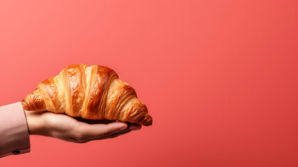 croissant in female hand isolated on red background, copy space