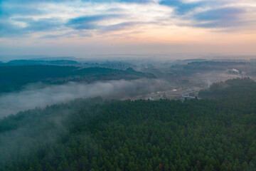 Foggy pastures and forests in the morning.
