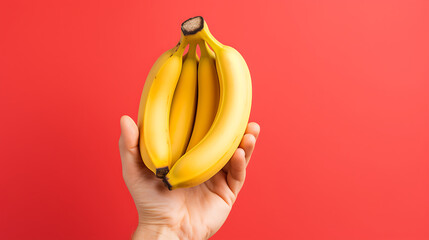 Hand holding a bunch of bananas on a red background, copy space